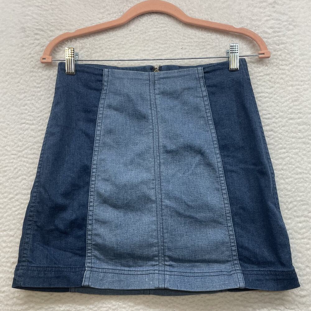 Free People Skirt Womens 4 Blue Denim Patchwork Mini Two Tone A-Line Y2K Boho